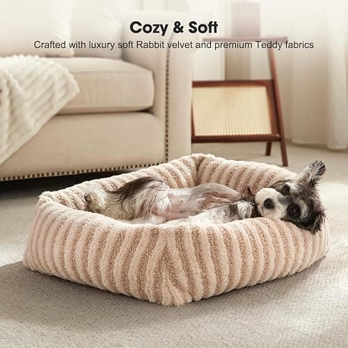 MIXJOY Dog Bed Medium Size Dog, Washable Medium Dogs Bed with Removable Cover, Soft Rectangle Doggy Ded Fluffy Plush Faux Fur Pet Bed with Anti-Slip Bottom, 30"x24"x8", Beige thumbnail 3