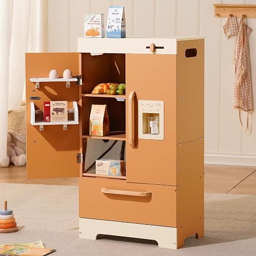 ROBOTIME Kids Wooden Refrigerator, Play Kitchen Fridge for Toddlers, Toy Fridge with Ice Maker and Food Accessories, Pretend Play Kitchen Toy for Boys & Girls Ages 3+ thumbnail 9