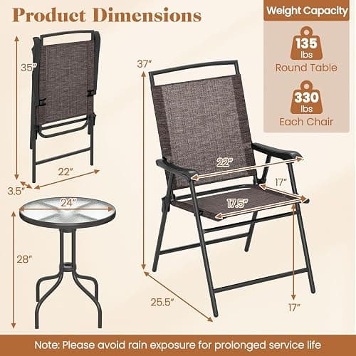 Goplus Patio Bistro Set, 3-Piece Patio Dining Furniture Set with Round Tempered Glass Table, 2 Foldable Chairs, Small Outdoor Folding Chairs & Table Set for Porch Garden Pool Yard thumbnail 3