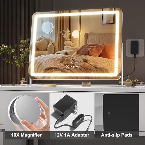 Hasipu Vanity Mirror with Lights, 14" x 11" LED Makeup Mirror, Light up Mirror with 10X Magnification, Smart Touch 3 Colors Dimmable (White) thumbnail 5