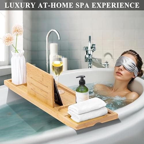 AUTODECO Bathtub Caddy Tray, Bamboo Bathtub Tray, Expandable Bath Tray with Bamboo Book Stand, Soap Tray, Perfect for Home Spa, Natural Colour - Natural thumbnail 8
