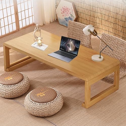 rzoizwko Japanese Floor Table Tea Table Low Coffee Table Bamboo Versatile Folding Design for Tatami Home,Office,Living Room (Original Wood Color, 47.24" Dx 19.68" W x11.8 H) - Image 1