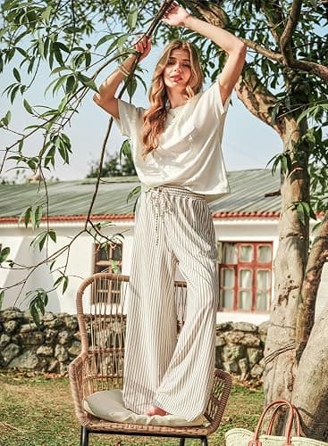 Acelitt Women Casual Drawstring Elastic Waist Striped Wide Leg Pants with Pockets, S-XXL thumbnail 5
