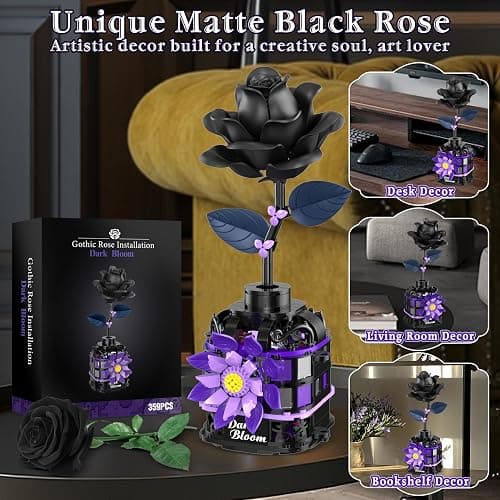 Alagoo Gothic Black Roses Building Blocks Kit – 359 PCS Mysterious Dark Bloom with Vase, Artificial Flower Toy Building Set, Gothic Decor Birthday Gifts Building Toys for Boys Girls thumbnail 5