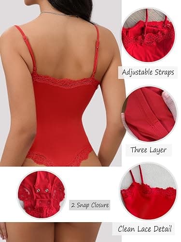 Starrylion Lace Body Suit Square Neck Tops for Women Sleeveless Spaghetti Strap Tank Top Bodysuits for Women Sexy Jumpsuit thumbnail 5