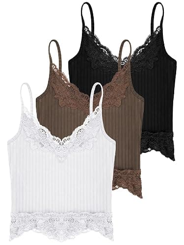 Bencailor 3 Pcs Women's Lace Tank Tops Y2k Camisole Lace Patchwork Crop Tops Grunge Style Ribbed Knitted Clothing thumbnail 6