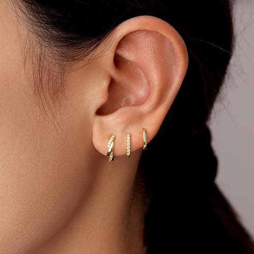 Poxtex Small Sterling Silver Huggie Hoop Earrings Set for Women, Hypoallergenic 14K Gold Plated Hoops Stacks for Multiple Piercings, Dainty Cute Mini Lightweight Cartilage Studs Trendy Jewelry Gift thumbnail 8