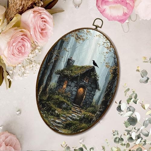 JQF Dark Academia Forest Cabin Crow Oval Wall Decor, Dark Cottagecore Oval Canvas Wall Art, Whimsical Fantasy Forest Nature Framed Prints Hanging Decor for Home Bedroom Living Room, 8.5x11.5 Inch thumbnail 3