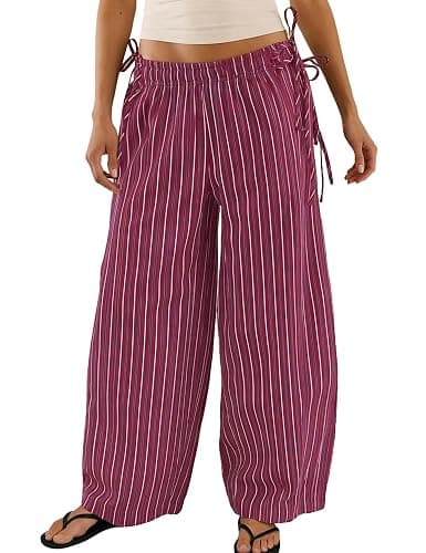 Fameetor Women Drawstring Striped Wide Leg Pants Summer Causal Barrel Loose Elastic Low Waist Palazzo Harem Pants Trousers - Image 1