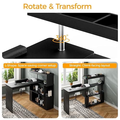 HolaiNail Manicure Table, L-Shaped Nail Tech Desk with Dust Collector, Reversible Rotating Table & Storage Shelf, Acetone Resistant Beauty Salon Station, Black thumbnail 5