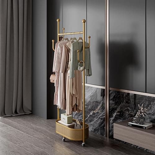 Multifunctional coat rack with storage basket 360° movable rotation｜Bedroom and living room storage artifact｜Hanging clothes/hats/bags/scarves｜Space-saving and stylish home｜Home essential thumbnail 4