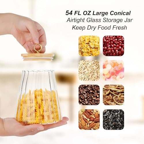 Glass Coffee Nuts Canister Airtight Storage Jar Petal Decorative Container with Bamboo Lid Metal Handle Easy to Grasp 1600ml, 54 FL OZ (Large Conical) thumbnail 4