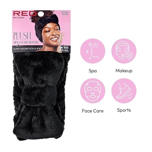 Red by Kiss Spa Headband for Washing Face Facial Makeup Bow Head Band Soft Plush Fleece Stretchy Head Wraps for Women Shower Bath Washing Face Mask (BLACK) thumbnail 2