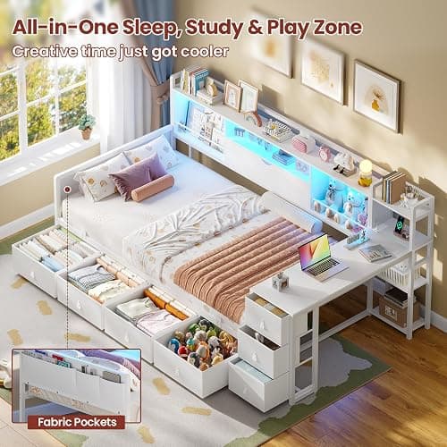 ADORNEVE Twin Corner Bed Frame with 7 Drawers, Desk & Bookcase Storage, Metal Platform Daybed with Charging Station and RGB Lights, for Kids Bedroom, No Box Spring Needed, White thumbnail 5