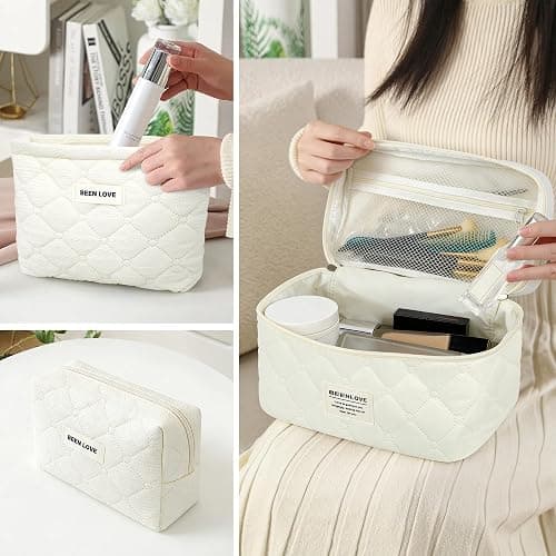 beifon 3er Set Kosmetiktasche Kulturtasche Damen mit Blumenmuster, Kulturbeutel Make Up Tasche, Tragbare Schminktasche Makeup Bag Waschtasche Groß Frauen Mädchen (Beige B) thumbnail 5