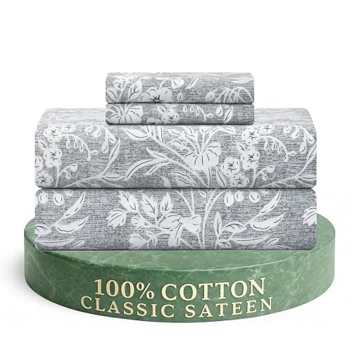 Feather & Stitch 300TC Queen Size 100% Cotton Sateen Weave Printed Sheet Set, Cooling & Breathable Bed Sheets Set, 4 Piece 16" Elastic Deep Pockets, Soft Hotel Quality- Queen, Grey Floral - Image 1