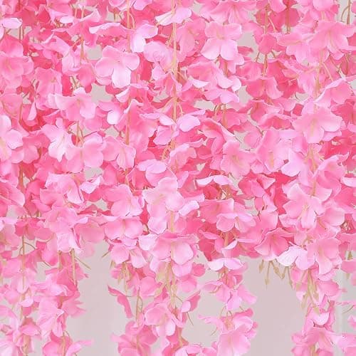 Duovlo 12 Piece Artificial Silk Wisteria Vine 3.6 Feet Ratta Hanging Flower Garland String Home Party Wedding Decor (Light Pink) thumbnail 5