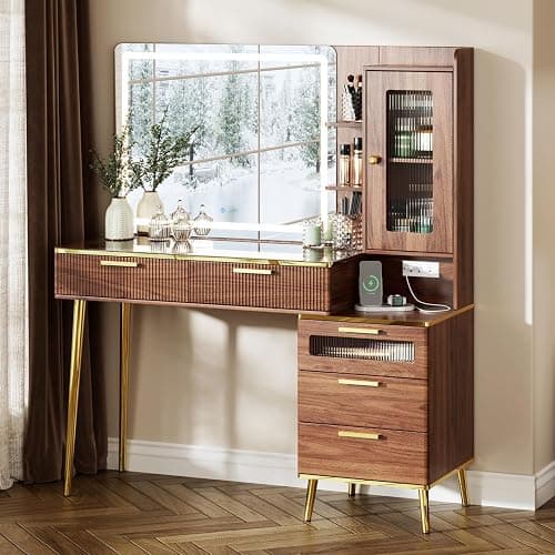 Chrangmay 47.24" Big Modern Vanity Desk with Mirror and Lights,Makeup Vanity Desk with 5 Drawers and Storage Shelves & Power Outlet,Dressing Table with Glass Top, Brown thumbnail 2