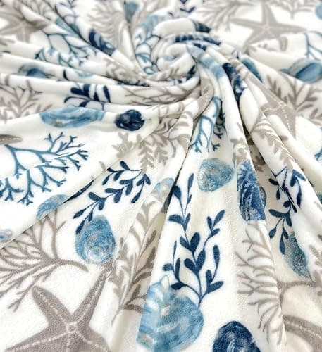 Coastal Ocean Beach Throw Blanket: Soft Plush Velvet Fleece Seashells Hues of Blue Grey on White Accent for Couch or Bed, Colored: Blue Gray Taupe White, 50" x 70" thumbnail 8