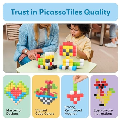 PicassoTiles 102 Piece Magnetic Cubes, 1 Inch STEM Building Set for Kids 3+ | 54-design idea book included, hidden click-connect magnets, BPA-free non-toxic materials, classroom ready, group teamwork fun thumbnail 9