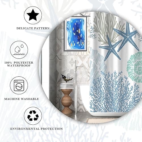 Tritard Small Stall Shower Curtain 36x72 Half Size - Nautical Coastal Waterproof Fabric Shower Curtains for Bathroom, Starfish Seashell Beach Themed RV Camper Narrow Bath Curtain with 7 Hooks, Blue thumbnail 7