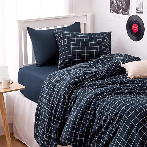 Wake In Cloud - Grid Cotton Duvet Cover Set, Plaid Checkered Geometric Farmhouse, 100% Washed Cotton Textured Bedding Set, 3 Pieces, Navy Blue, Twin/Twin XL Size thumbnail 5