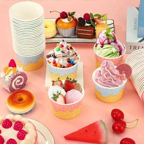 50 Pack Paper Ice Cream Cups 9oz Dessert Paper Bowls Disposable Ice Cream Party Bowls 2 Designs Treat Snack Cups for Hot or Cold Food Sundae Frozen Yogurt Soup Party Supplies thumbnail 6