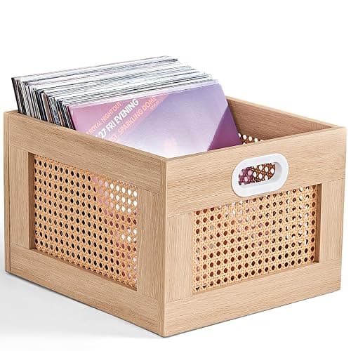 LELELINKY Vinyl Record Storage Crate, Rattan Wooden Record Crate for Vinyls, Vinyl Record Holder with Handle, Multifunctional Records Stand Holder Vinyls Organizer for 75 LPs, Natural - Image 1