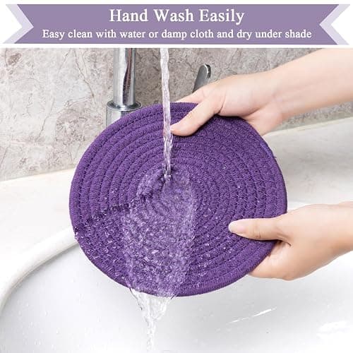 SHACOS 8 Inches Trivets for Hot Dishes, 4 Pieces Cotton Trivets Mats | Hot Pads for Kitchen Countertops and Table, Heat-Resistant Pot Holders for Hot Pots and Pans(Purple, 4pcs) thumbnail 6