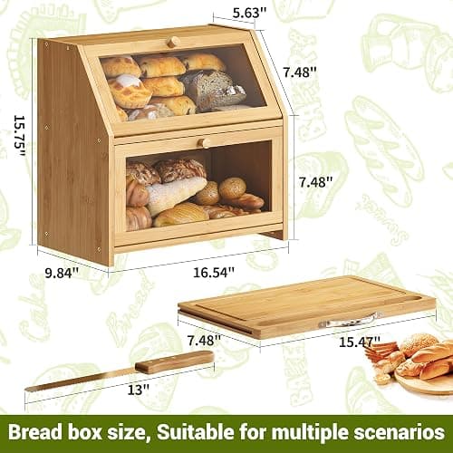 BMOSU Bread Box with Cutting Board Kitchen Bread Storage Organizer Farmhouse Countertop Double Bamboo Wood Bread Box(Natural) thumbnail 3