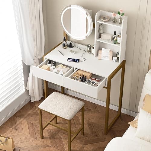 Small Vanity Desk with Mirror and Lights, Makeup Vanity Table with LED Mirror, 3 Lighting Modes, Power Outlet, Drawer, Open Shelves and Cushioned Stool for Bedroom (Gold) thumbnail 8