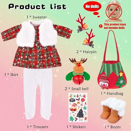 ebuddy 18 inch Doll Clothes and Accessories- Christmas Costume Playset Including Dress,Fur Vest, Tights, Boots, Hair Clips,Bell and Sticker (No Doll) thumbnail 3