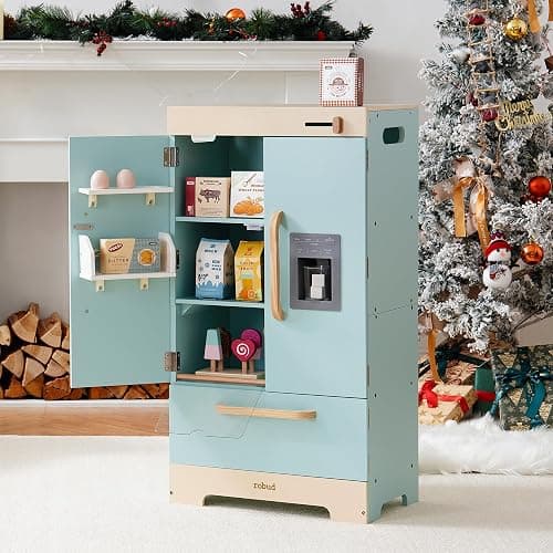 ROBUD Fridge Refrigerator with Ice Dispenser, Wooden Play Fridge Freezer Set for Kids, Toddler Kitchen Playset with Full Accessories Pretend Play Set, Gift for Boys & Girls, Age 3+ thumbnail 3