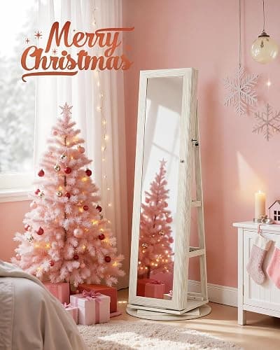 SONGMICS 360° Swivel Jewelry Cabinet, Lockable Jewelry Organizer with Full-Length Mirror, Rear Storage Shelves, Interior Mirror, Jewelry Armoire, Christmas Gifts, White with Gray Wood Grain UJJC006W01 thumbnail 2