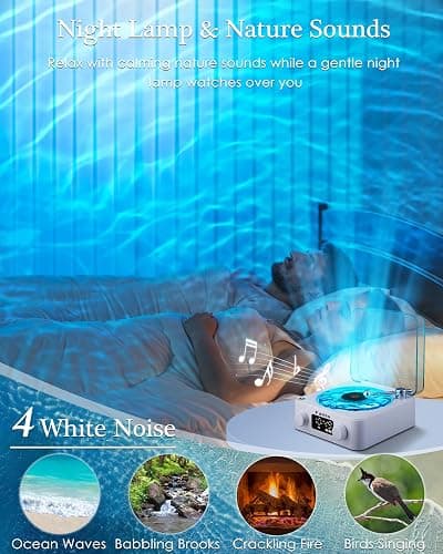 Waves Vinyl Bluetooth Speaker, Vinyl Record Player Style Speaker with Ocean Sound White Noise, Retro Bluetooth Speaker with Ambient Light and Timer, Mini Record Player Cute Speaker, White thumbnail 5