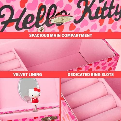 Hello Kitty Sanrio Musical Jewelry Box for Girls Teens Women Kawaii Wind Up Music Box Jewelry Organizer Ring Holder Gifts for Women (Pink thumbnail 6
