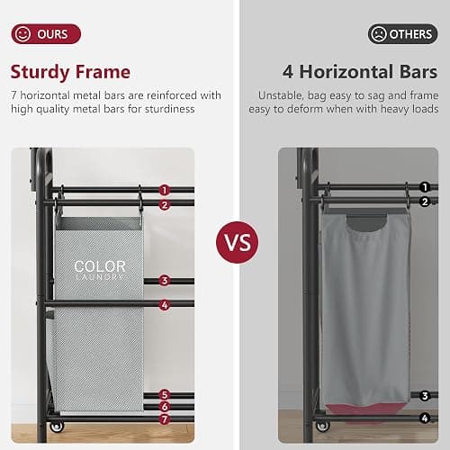 Tajsoon Laundry Sorter Cart with Hanging Rack, 5 Section Laundry Hamper, 246L (65 Gal.) Laundry Basket with Wheels, Removable Hamper Organizer for Dirty Clothes Bathroom Cloakroom, 5 Colors thumbnail 6