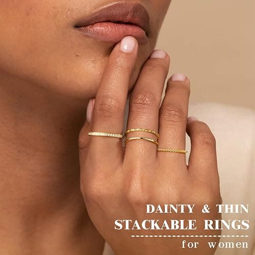 Dainty Stackable Gold Rings for Women Non Tarnish, Stacking 14K Gold Plated CZ Wedding Bands Ring Set, Waterproof Simple Trendy Minimalist Engagement Promise Thumb Pinky Thin Ring Size 5 6 7 8 9 10 11 thumbnail 6