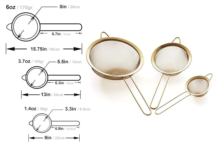 Proto Future Strainer Set Fine Mesh – Premium 304 Stainless Steel (18/8) – 8″, 5.5″ and 3.3″ Sturdy Kitchen Strainers (Gold) thumbnail 5