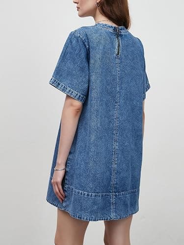 LifeShe Denim Dress for Women Summer Casual Short Sleeve Chambray Mini Jean Dresses with Pockets thumbnail 3