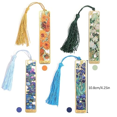 4 Pieces Metal Bookmarks with Tassel, Golden Hollow Bookmark Oil Painting Theme Book Mark Bookmarks for Book Lovers Writers Readers Children Teens Men Women Adults thumbnail 2