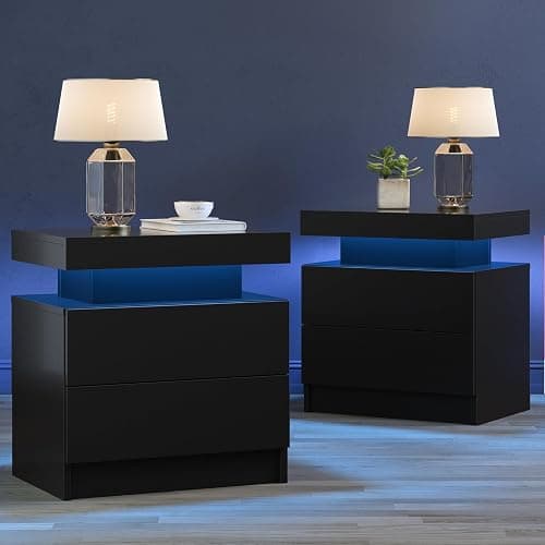 Cubehom Black Nightstand LED Set of 2 Black Bedside Table LED Night Stand with LED Lights Modern End Side Table with 2 Drawers for Bedroom - Deep Black - Image 1