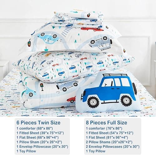Mooreeke Bed in a Bag for Kids Boys Teens, 6 Pieces Twin Size Comforter Bed Set with Shams, Sheet Set and Decorative Toy Pillow, Cars White Super Soft Microfiber Kids Comforter Bedding Set thumbnail 7
