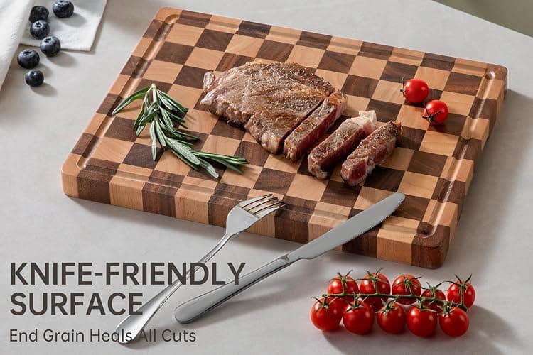 THETCHRY Cutting Boards for Kitchen, Checkered Cutting Board End Grain, Acacia Wooden Chopping Board with Juice Groove & Handle, Serving Tray for Meat, Bread & Fruit, 14"L x 11"W x 0.8"Th thumbnail 6