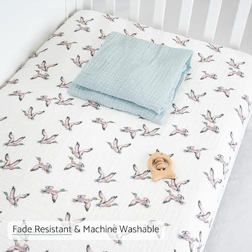 LollyBanks Muslin Crib Sheet 1 Pack, 100% Cotton Soft and Breathable Fitted Crib Sheet for Boys and Girls, Cozy and Snug Neutral Baby Sheets for Standard 52 x 28 inches Mattress (Mallard Duck Print) thumbnail 3