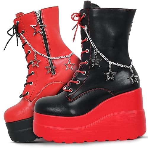Gothniero Platform Goth Ankle Boots for Womem Black Holographic Combat Chunky Heel Boots with Side Zip Lace Up Wedge Booties US5.5-11 - Image 1