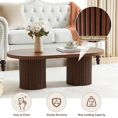 RUSTYER Oval Fluted Coffee Table, Farmhouse Wood Coffee Table Mid Century Modern Center Table Boho Living Room Tables for Living Room Office (Walnut, 19.69" D x 39.38" W x 13.78" H) - Walnut - 19.69"D x 39.38"W x 13.78"H thumbnail 5