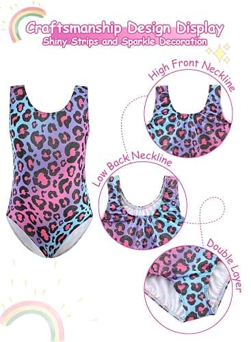 XiaoMoSha Girls Three-Piece Gymnastics Leotards Set Sleeveless Leotards with Shorts and Hairband Sparkly Gradient Color Ballet Dance Unitards Gymnastics Outfits for Kids 3-12 Years thumbnail 2