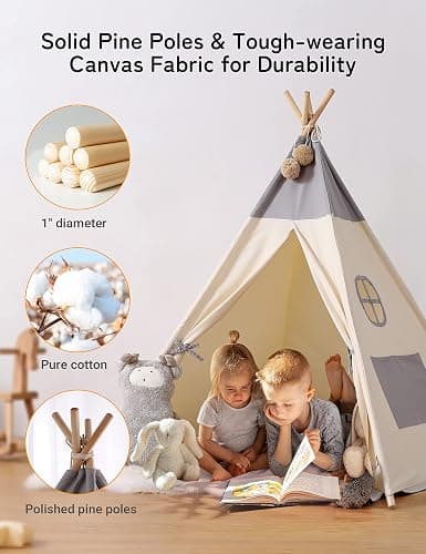 besrey Teepee Tent for Kids with Light & Mat, Toddler Tents Indoor Play Tent Playhouse, Toddler Tipi Cotton, tee Pee Tents for Kids Indoor, Boys & Girls Teepee,Children Room Playhouse thumbnail 4