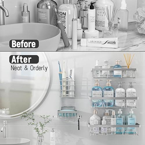 Liuoud 5 Pack Shower Caddy Organizer Rack Shelf for Inside Shower, Self Adhesive Bathroom Wall Storage Basket Rustproof Stainless Steel Large Capacity Shampoo Holder, Silver thumbnail 6
